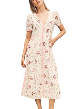 Ever New Sabrina Printed Linen Midi Dress Cream Pink Floral Linen Blend Feminine